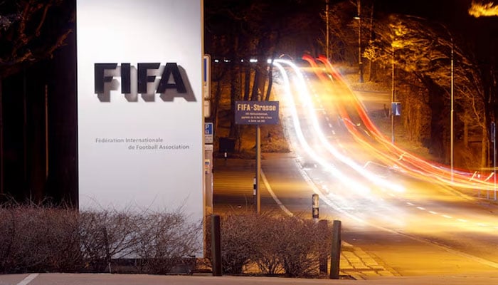 A long exposure shows FIFAs logo near its headquarters in Zurich, Switzerland February 27, 2022. — Reuters