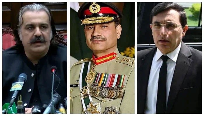 (From left to right) KP CM Ali Amin Gandapur, COAS General Asim Munir, and PTI Chairman Barrister Gohar Khan. — Screengrab/GeoNews/ISPR/AFP/File