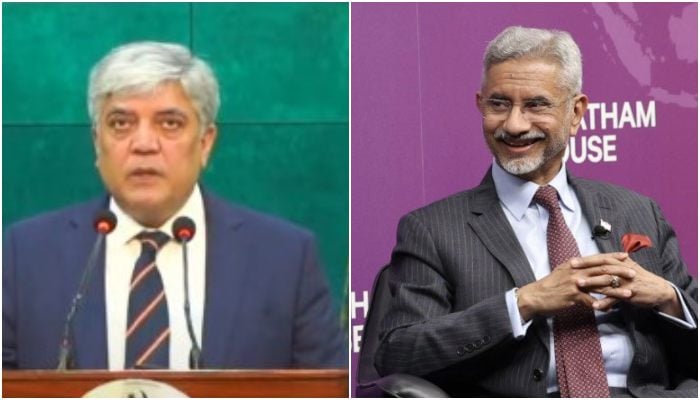 A collage showing FO spokesperson Shafqat Ali Khan (left) and Indias External Affairs Minister Subrahmanyam Jaishankar. — Screengrab via Geo News/X@DrSJaishankar