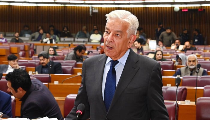 Defence Minister Khawaja Asif speaks during a session of the National Assembly, on February 12, 2025. — Facebook/@NationalAssemblyOfPakistan