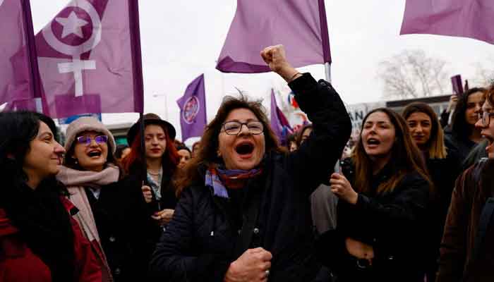 Women take part in a demonstration ahead of the International Womens Day, in Istanbul, Turkey, March 5, 2023. — Reuters