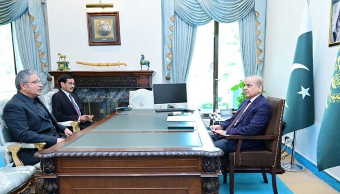 PML-N leader Ikhtiar Wali Khan (left) calls on Prime Minister Shehbaz Sharif on March 5, 2025. — APP