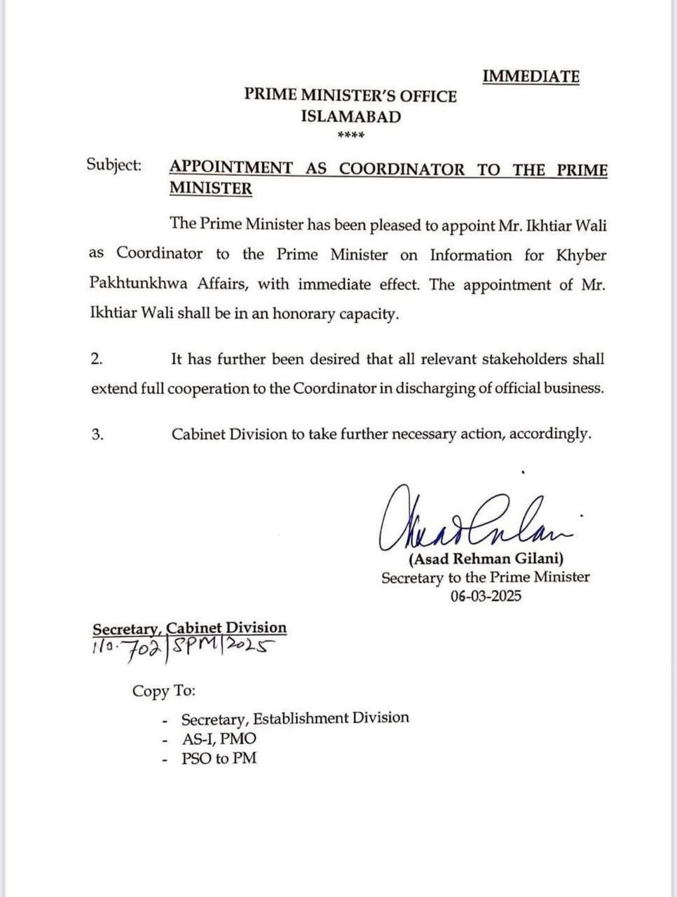 Ikhtiar Wali appointed coordinator to PM on information for KP affairs