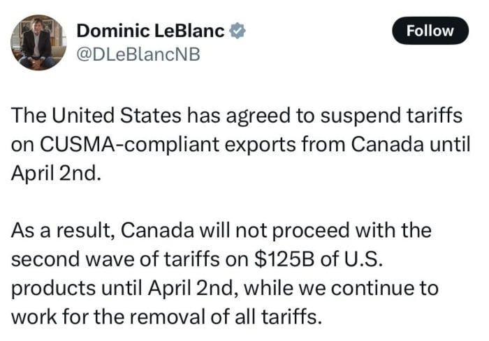 Canadas Finance Minister Dominic LeBlanc post on X regarding tariffs, March 7, 2025. — X/@DleBlancNB