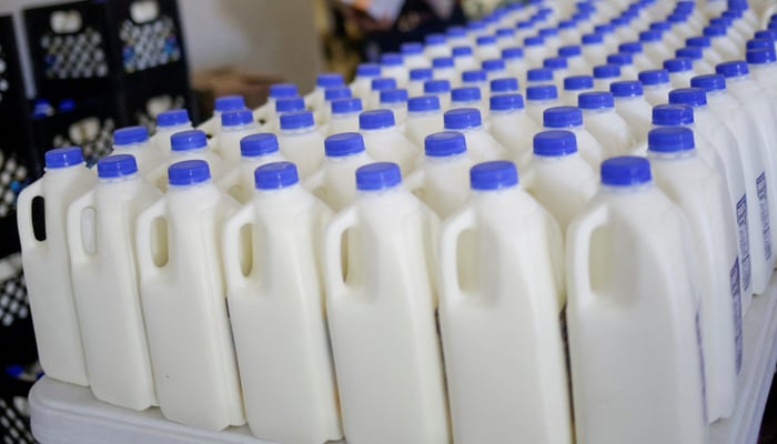 Plastic containers with milk are seen in this file image. — Reuters