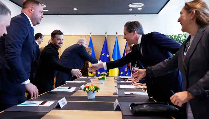 Ukraine’s President Volodymyr Zelenskyy, greets delegation officials as he arrives for a round table meeting at an EU Summit in Brussels, Belgium, Thursday, March 6, 2025. — Reuters