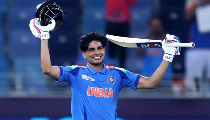 Indias Shubman Gill celebrates after reaching his century during ICC Mens Champions Trophy 2025 match between India and Bangladesh at Dubai International Stadium on February 20, 2025. — Reuters