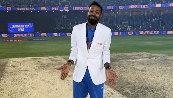 Indian all-rounder Hardik Pandya gestures at the Dubai Cricket Stadium in Dubai on March 9, 2025. — X/ @hardikpandya7