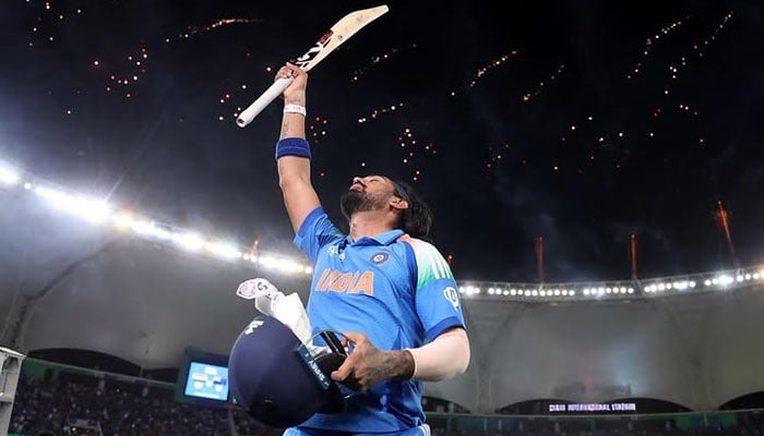 Indian batter KL Rahul raises his bat after winning the Champions Trophy 2025 final against New Zealand at the Dubai International Stadium in United Arab Emirates onMarch 9, 2025 . — Instagram@klrahul