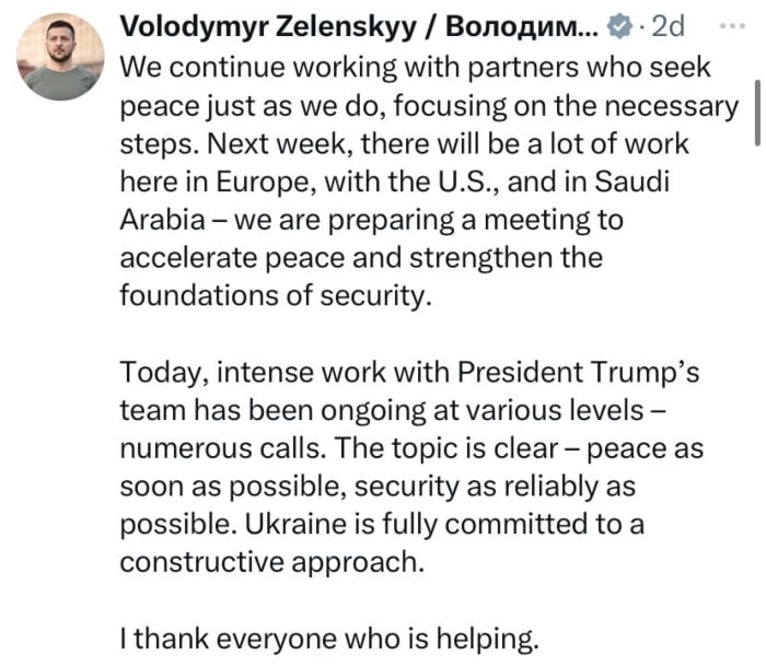 Ukrainian President Volodomyr Zelenskys post on social media platform X, March 8, 2025. — X@ZelenskyyUa