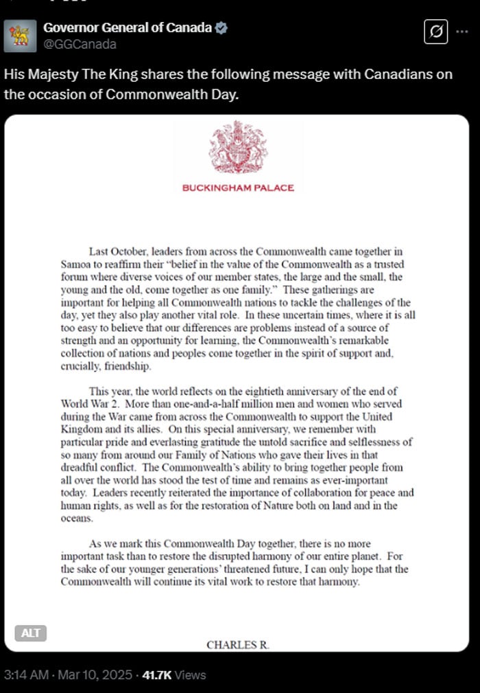 King Charles releases special message for Canadians on Commonwealth Day