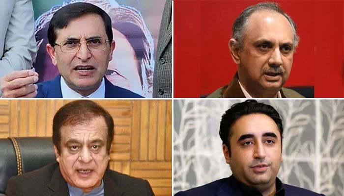 (Clockwise from top) Barrister Gohar Ali Khan, Omar Ayub Khan, Bilawal Bhutto-Zardari and Shibli Faraz, —Reuters, APP, AFP/File