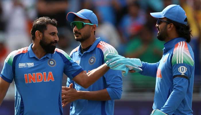 Indian players, Muhammad Shami (Right), Axar Patel (Centre), KL Rahul (Left), celebrating during a ICC Champions Trophy match at Dubai International Stadium. — ICC/File