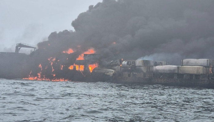 Footage from the scene shows clouds of black smoke emerge from the cargo ship in the North Sea on March 10, 2025. — Facebook/ Seamus Whelehan