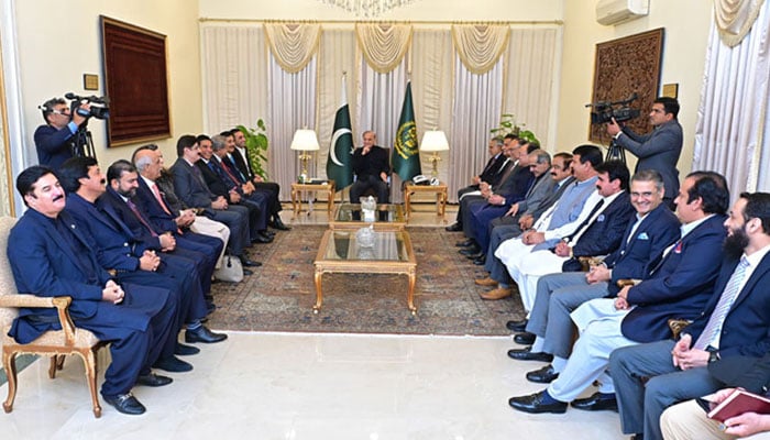 Bilawal Bhutto-Zardari-led PPP delegation meets Prime Minister Shehbaz Sharif at the Prime Minister House on March 10, 2024. — Radio Pakistan