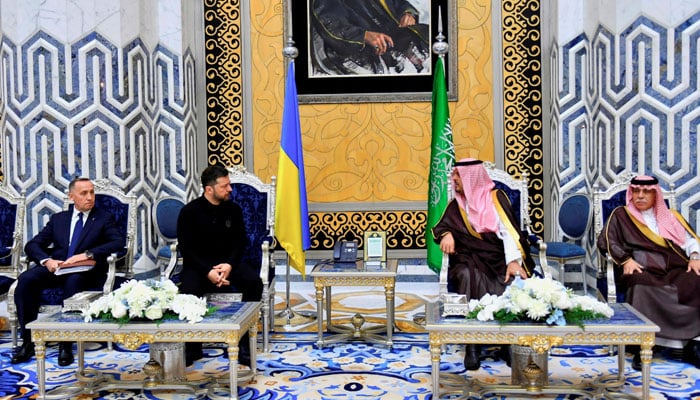 Deputy Governor of the Holy City of Makkah Prince Saud bin Mishaal bin Abdulaziz meets Ukrainian President Volodymyr Zelenskiy during his visit to Jeddah, Saudi Arabia, March 10, 2025. — Reuters