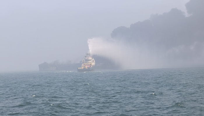 Fire and rescue service crews respond to a collision between oil tanker and a cargo ship off the northeastern coast of England in this picture obtained by Reuters on March 10, 2025. — Reuters