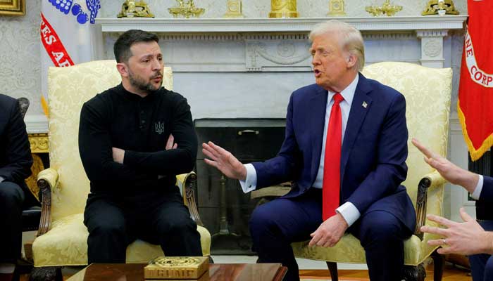 US President Donald Trump meets with Ukrainian President Volodymyr Zelensky reacts at the White House in Washington, DC, US, February 28, 2025. — Reuters