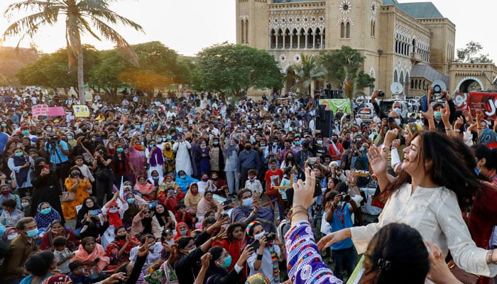 People participate in Aurat March or Womens March, to mark the International Womens Day in Karachi, Pakistan March 8, 2021. — Reuters