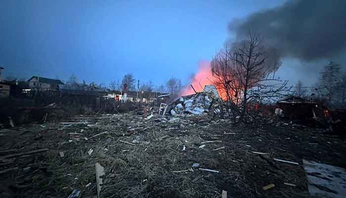 A residential house ablaze after recent Ukraines drone attack, according to the local authorities, in the course of Russia-Ukraine conflict, in the Moscow region, is seen in this image released March 11, 2025. — Reuters