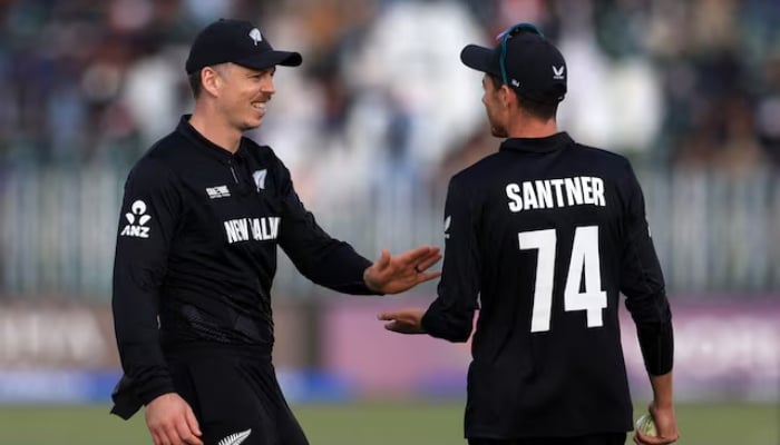 New Zealands Mitchell Santner (right) with Michael Bracewell at the Rawalpindi Cricket Stadium on February 24, 2025. — Reuters