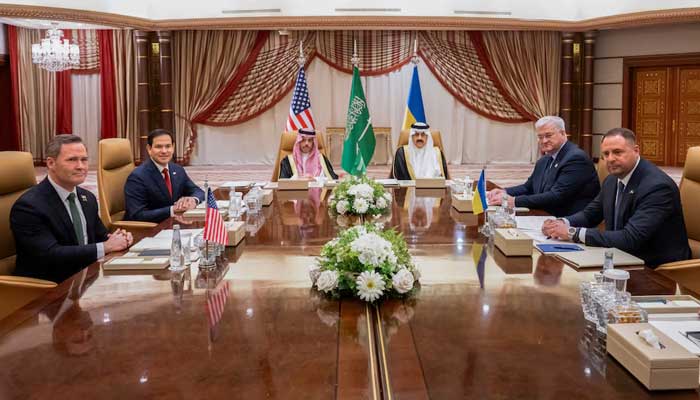 US Secretary of State Marco Rubio, US National Security Advisor Mike Waltz, Ukrainian Foreign Minister Andrii Sybiha and Ukrainian Head of Presidential Office Andriy Yermak hold a meeting in the presence of Saudi Foreign Minister Faisal bin Farhan and National Security Advisor Mosaad bin Mohammad Al-Aiban, in Jeddah, Saudi Arabia, March 11, 2025. — Reuters