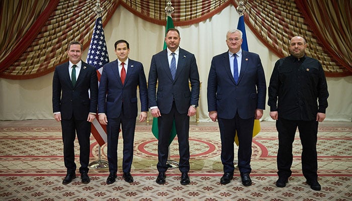 Secretary of State Marco Rubio, U.S National Security Advisor Mike Waltz, Ukrainian Foreign Minister Andrii Sybiha, Ukrainian Head of Presidential Office Andriy Yermak, and Ukrainian Minister of Defense Rustem Umerov pose for a picture after their meeting in Jeddah, Saudi Arabia, March 11, 2025. — Reuters