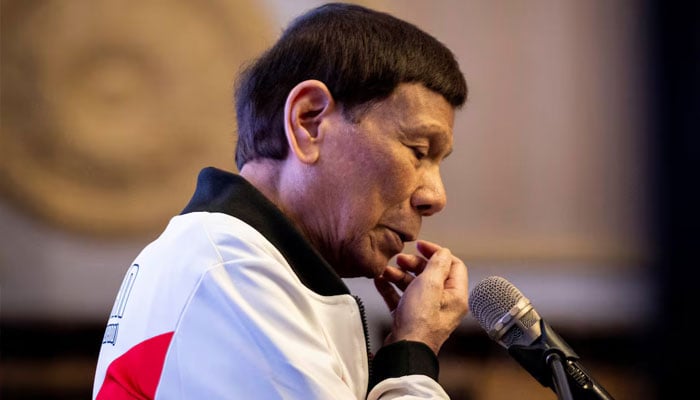 Former Philippine president Rodrigo Duterte gestures as he delivers a message during the proclamation rally for his political party PDP-Labans senatorial candidates ahead of the midterm elections, at Club Filipino in San Juan, Metro Manila, Philippines, February 13, 2025. — Reuters