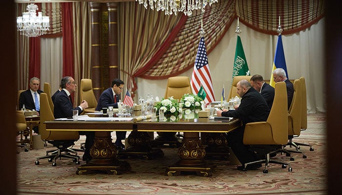 US Secretary of State Marco Rubio (3rd L), Ukrainian Head of Presidential Office Andriy Yermak (2nd R), Ukraines Foreign Affairs Minister Andrii Sybiha (R) and Ukraines Minister of Defence Rustem Umerov (3rd R) as they attend the Ukrainian and US delegations meeting in Jeddah on March 11, 2025,  amid the Russian invasion of Ukraine. — AFP