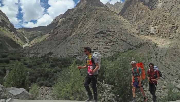 In this photograph taken on August 3, 2024, French climber Benjamin Vedrines returns at Hushe village in Gilgit-Baltistan. — AFP