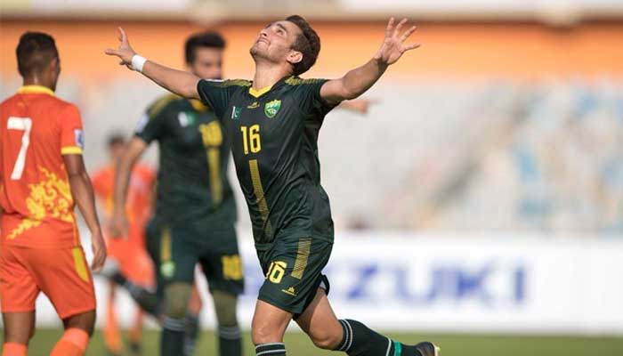 Pakistans Muhammad Riaz celebrates during an Asian Games match in 2018. — Facebook/FootballPakistan.Com (FPDC)