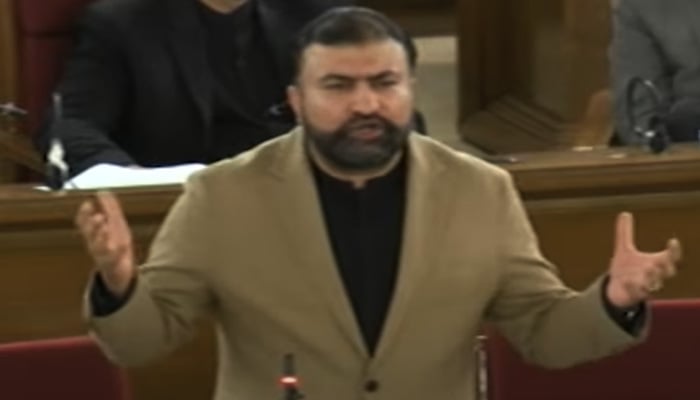 Balochistan CM Sarfraz Bugti addresses the Balochistan Assembly session on March 12, 2025. — Screengrab via Geo News