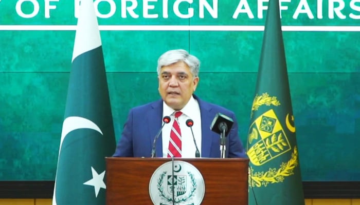 Foreign Office spokesperson Shafqat Ali Khan addressing the weekly briefing in Islamabad, on March 13, 2025. — Facebook/@foreignofficepk