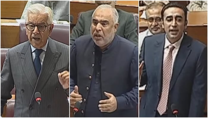 (From left) Defence Minister Khawaja Asif, PTI leader Asad Qaiser, and PPP Chairman Bilawal Bhutto-Zardari speak during the National Assembly session in Islamabad, on March 13, 2025. — Screengrab/GeoNewsLive