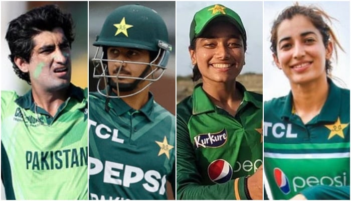 (Left to right) Pakistani cricketers Naseem Shah, Saim Ayub, Fatima Sana, and Aliya Riaz. — Reuters/AFP/PCB/Instagram/@aliyariaz_official