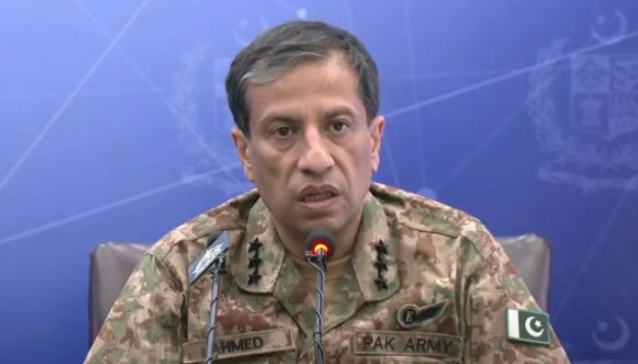 Director General of Inter-Services Public Relations (DG ISPR) Lieutenant General Ahmed Sharif Chaudhry addresses a press conference on March 14, 2025. — YouTube/Geo News/screengrab