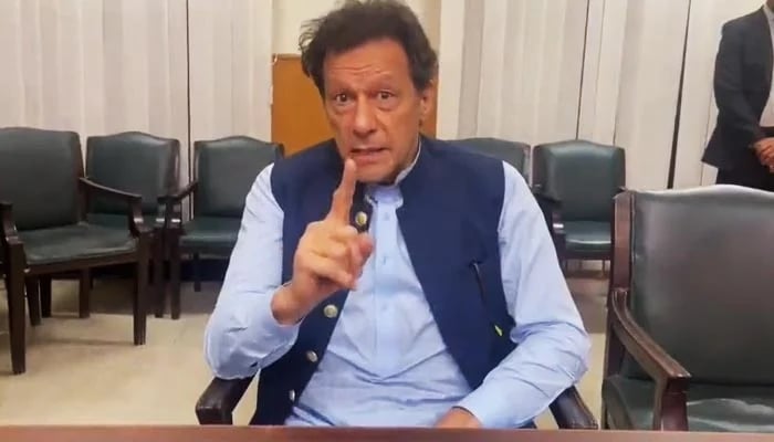 PTI founder Imran Khan speaks during a video message from Islamabad High Court in Islamabad, on May 12, 2023, in this still taken from the video. — Instagram@ptiofficial