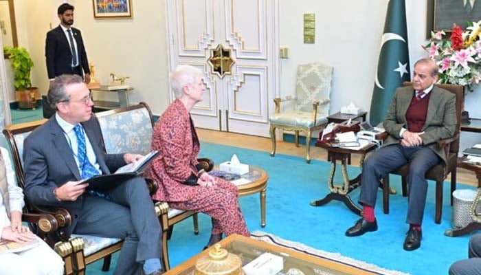 Prime Minister Shehbaz Sharif listens to the EU ambassador, Dr. Riina Kionka, speaks during a meeting to the Prime Minister on Friday. - bring