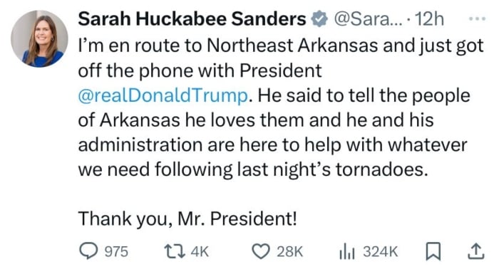 Governor of Arkansas Sarah Huckabee Sanders post on X. — X@SarahHuckabee