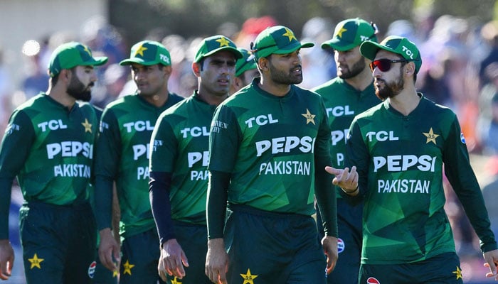 Pakistan players leave the Earth after losing the first T20i against New Zealand at Hagley OVAL in Kreystech on March 16, 2025. - AFP