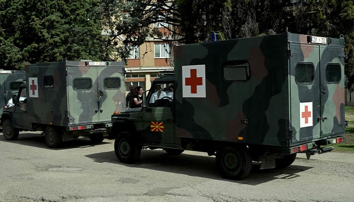 Medical units of the Macedonian army arrive to reinforce the staff at a local hospital in Kocani, a town some 100 kilometres east of the capital Skopje, on March 16, 2025. — AFP