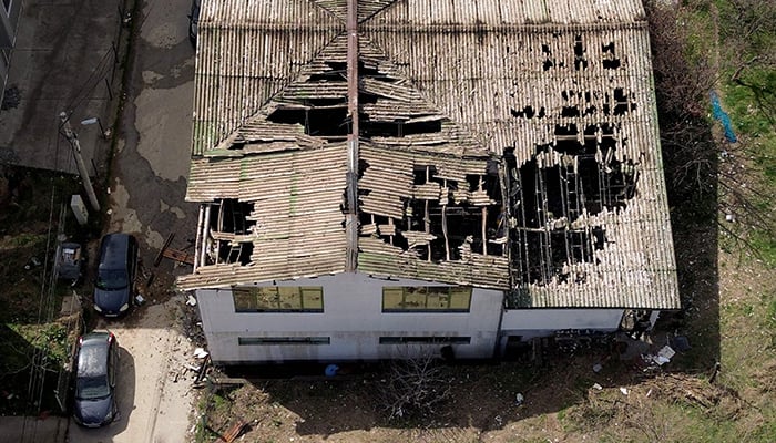 This aerial photograph shows a view of the burnt down nightclub in which revellers died, in Kocani, a town some 100 kilometres east of the capital Skopje, on March 16, 2025. — AFP