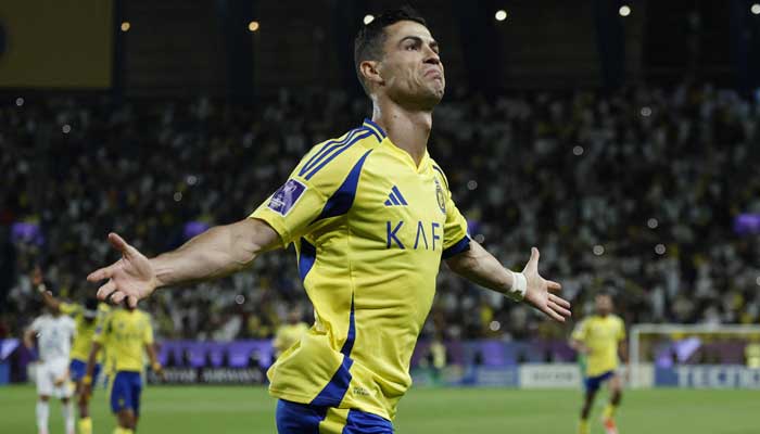 Nasser Cristiano Ronaldo is celebrating their second goal during the Asian Champions League against Esteglal in the Awalan Park, Raydeh, Saudi Arabia on March 10, 2025. - Reuters