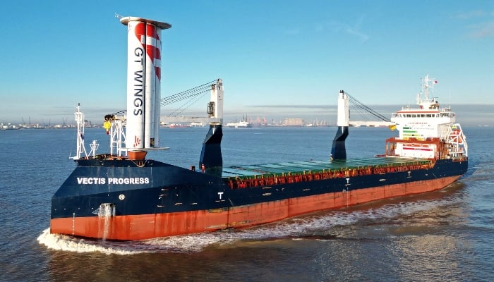 The Vectis Progress, a 124m long cargo ship fitted with an experimental sail, the AirWing, on the River Humber after leaving port in Kingston upon Hull in north east England on March 2, 2025. — AFP