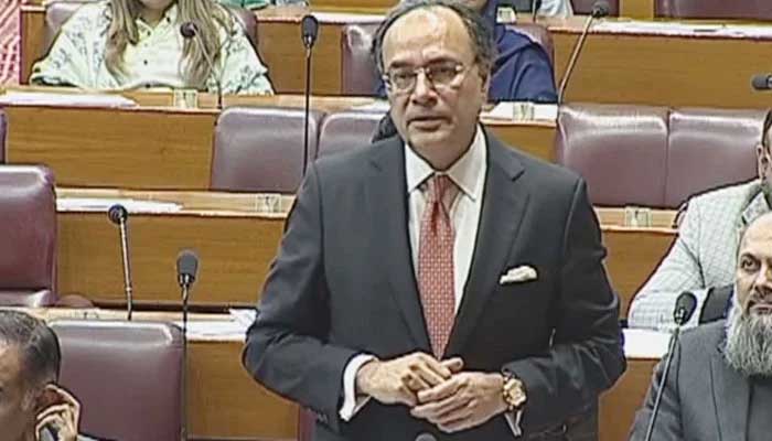 Finance Minister Senator Muhammad Aurangzeb speaks during a National Assembly session in Islamabad, on March 17, 2025. — Screengrab/@NaofPakistan