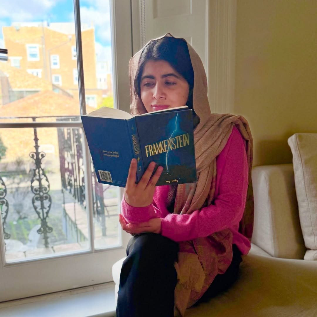 Malala Yousafzai reads Mary Shelleys Frankenstein. — Instagram@malala