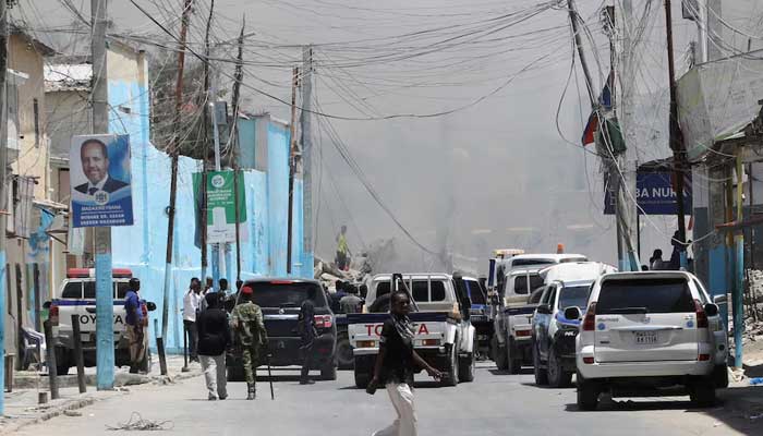 Emergency vehicles gather at the scene of an explosion near the Presidential Palace, also known as Villa Somalia, in the Hamar Jajab district of Mogadishu, Somalia March 18, 2025. — Reuters