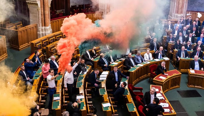 A general view of the Hungarian parliament as it votes on a bill that would ban the Pride march by LGBTQ+ communities and impose fines on organizers and people attending the event in Budapest, Hungary, March 18, 2025. — AFP