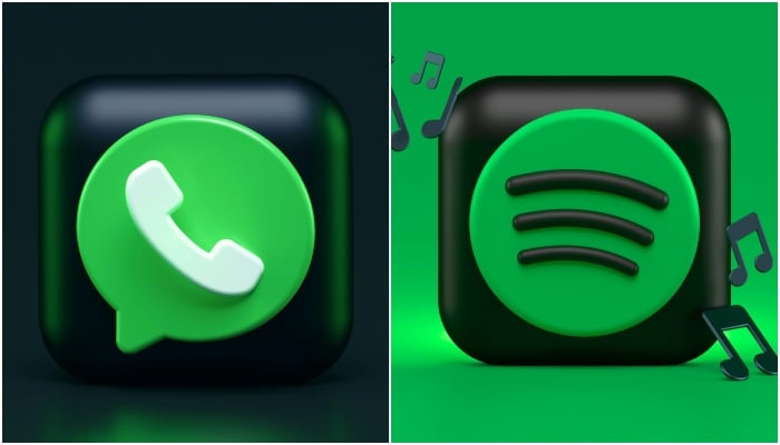 This combination of images shows illustrations of WhatsApp (left) and Spotify logos. — Unsplash