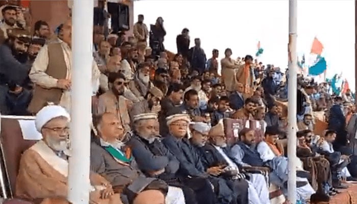 Leaders of the opposition alliance Tehreek Tahafuz Ayeen-i-Pakistan attend a power show in Pishin. — PTI/File